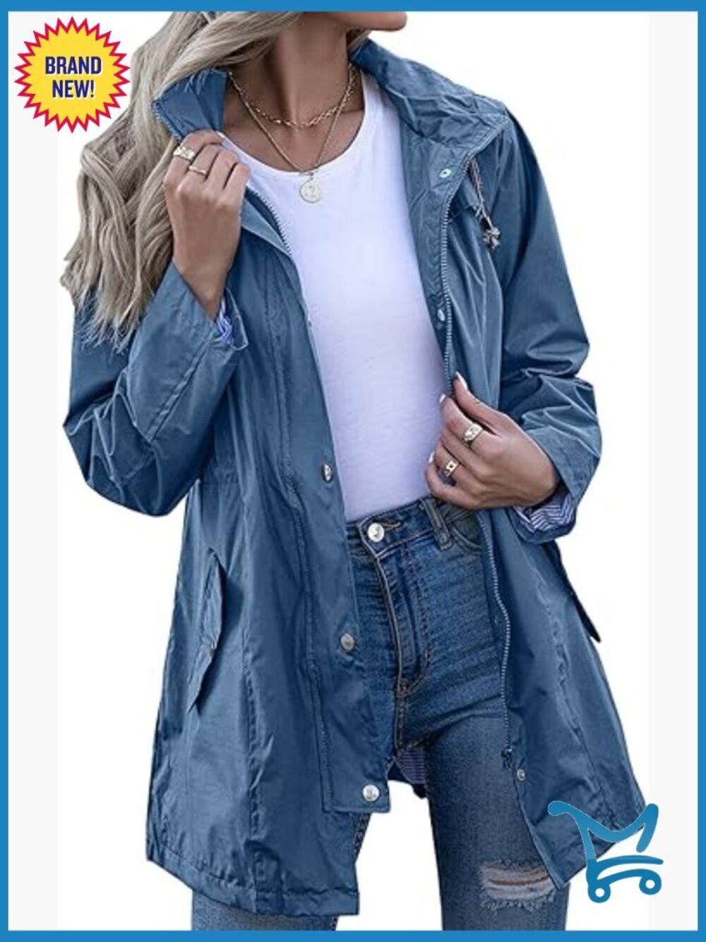 Women's Striped Lined Hooded Lightweight Raincoat Waterproof Windbreaker Jacket
